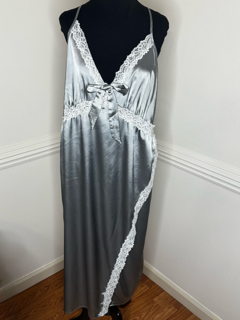 Satin Lace-Trim Chemise Slip in Silver